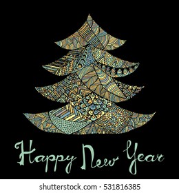 Happy new year and merry christmas card. Colored Christmas tree in zentangle style with lettering