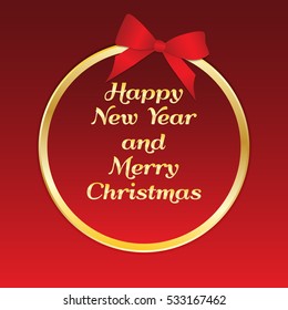 Happy New Year and Merry Christmas. Circle with trim and gift bow