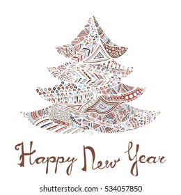Happy new year and merry christmas card. Colored Christmas tree in zentangle style with lettering