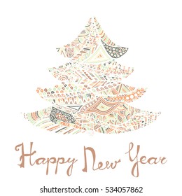 Happy new year and merry christmas card. Colored Christmas tree in zentangle style with lettering