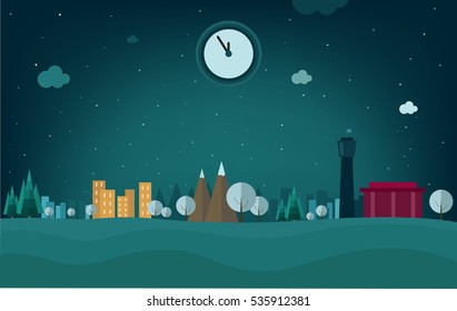 Happy new year and merry Christmas Night, snowy city. Houses, mountains, trees, trees. In the snow. Vector illustration  flat. 5 minutes before the new year