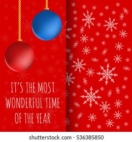 Happy New Year and Merry Christmas greeting card with christmas balls and snowflakes. Vector illustration