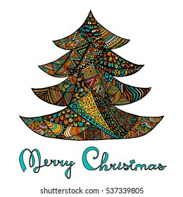 Happy new year and merry christmas card. Colored Christmas tree in zentangle style with lettering