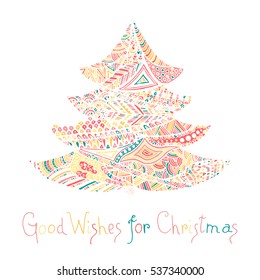 Happy new year and merry christmas card. Colored Christmas tree in zentangle style with lettering