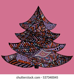 Happy New Year and Merry Christmas card. Colored Christmas tree in zentangle style, isolated on colorful background..