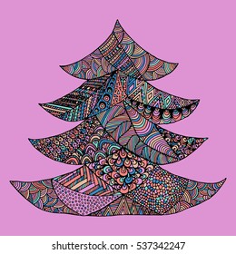 Happy New Year and Merry Christmas card. Colored Christmas tree in zentangle style, isolated on colorful background..