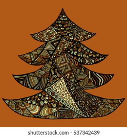 Happy New Year and Merry Christmas card. Colored Christmas tree in zentangle style, isolated on colorful background..