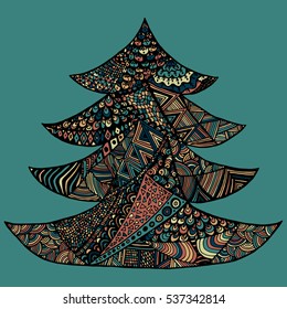 Happy New Year and Merry Christmas card. Colored Christmas tree in zentangle style, isolated on colorful background..