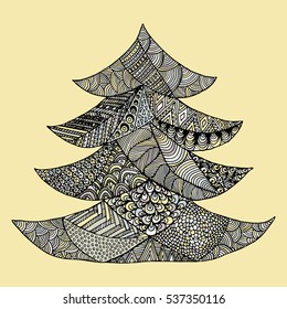 Happy New Year and Merry Christmas card. Colored Christmas tree in zentangle style, isolated on colorful background..