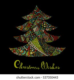 Happy new year and merry christmas card. Colored Christmas tree in zentangle style with lettering