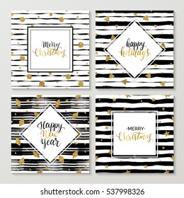 Happy New Year and Merry Christmas card set, happy holidays gold text on striped background with golden glitter star, polka dot, triangle, rhomb, vector xmas lettering for holiday card, poster, banner