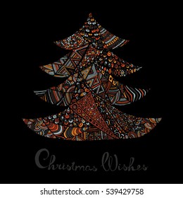 Happy new year and merry christmas card. Colored Christmas tree in zentangle style with lettering