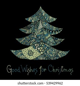 Happy new year and merry christmas card. Colored Christmas tree in zentangle style with lettering