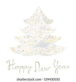 Happy new year and merry christmas card. Colored Christmas tree in zentangle style with lettering