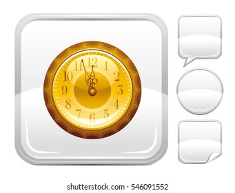 Happy New year Merry Christmas midnight clock dial icon isolated on white background. Vector illustration. Metallic silver button icon set. Abstract template holiday design. Flat cute cartoon sign.