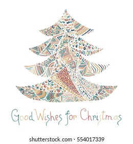 Happy new year and merry christmas card. Colored Christmas tree in zentangle style with lettering