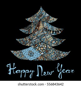 Happy new year and merry christmas card. Colored Christmas tree in zentangle style with lettering