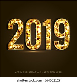 Happy New Year and Merry Christmas 2019 greeting card. Vector EPS 10