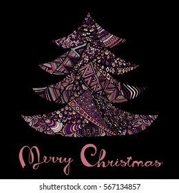 Happy new year and merry christmas card. Colored Christmas tree in zentangle style with lettering