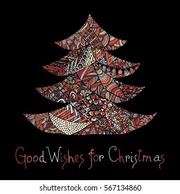 Happy new year and merry christmas card. Colored Christmas tree in zentangle style with lettering