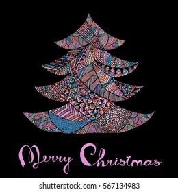 Happy new year and merry christmas card. Colored Christmas tree in zentangle style with lettering