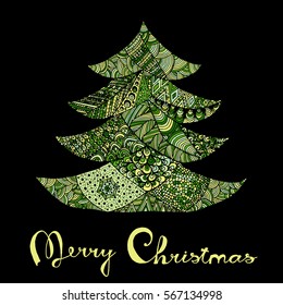 Happy new year and merry christmas card. Colored Christmas tree in zentangle style with lettering