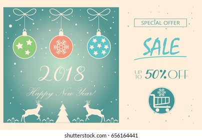 Happy New Year and Merry Christmas. Sale discount voucher template design. Vintage style. Vector illustration sale banner with reindeer, Christmas balls, fir tree, lettering, show, snowflakes. Winter