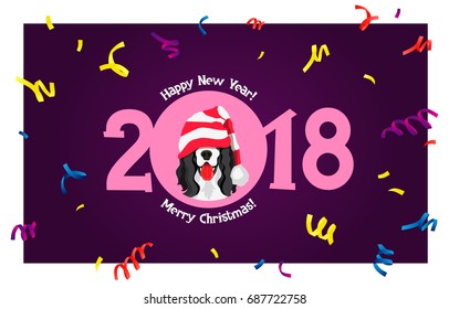 Happy new year and merry Christmas. Cheerful dog in a red striped hat. Lettering. Vector holiday card. Symbol of the year 2018. Cocker Spaniel.