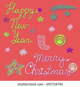 Happy New Year and Merry Christmas. Hand drawn words, xmas sock, tree branch, xmas balls, snowflakes. Vector set or greeting card.