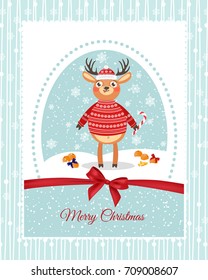 Happy New Year and Merry Christmas. Lovely postcard with a reindeer.