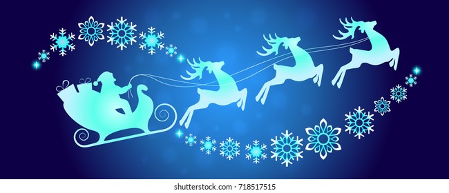 Happy New Year Merry Christmas santa sleigh deers snowflakes background magic holidays