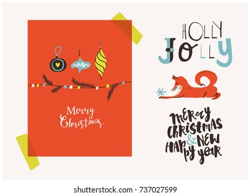 Happy New Year and Merry Christmas typography for your design with fox illustration.