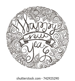 Happy New Year and Merry Christmas large postcard with calligraphic text on pattern background. Vector illustration.
