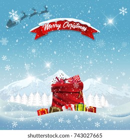 Happy New Year and Merry Christmas. Christmas red bag with gifts from Santa Claus. Winter landscape against the background of mountains. Vector illustration. 
