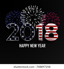 Happy New Year and Merry Christmas. 2018 New Year background with national flag of USA and fireworks. Vector illustration.