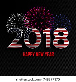 Happy New Year and Merry Christmas. 2018 New Year background with national flag of USA and fireworks. Vector illustration.