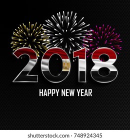 Happy New Year and Merry Christmas. 2018 New Year background with national flag of Egypt and fireworks. Vector illustration.