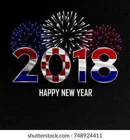 Happy New Year and Merry Christmas. 2018 New Year background with national flag of Croatia and fireworks. Vector illustration.