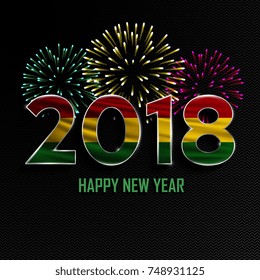 Happy New Year and Merry Christmas. 2018 New Year background with national flag of Bolivia and fireworks. Vector illustration.