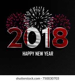 Happy New Year and Merry Christmas. 2018 New Year background with national flag of Peru and fireworks. Vector illustration.
