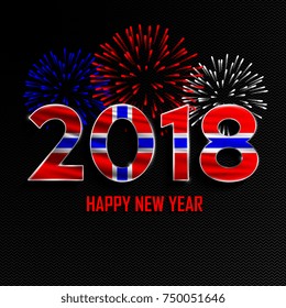 Happy New Year and Merry Christmas. 2018 New Year background with national flag of Norway and fireworks. Vector illustration.