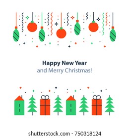 Happy new year and merry Christmas decoration elements, minimalist winter holidays background, festive backdrop, colorful postcard, celebration concept, flat design illustration, vector icons