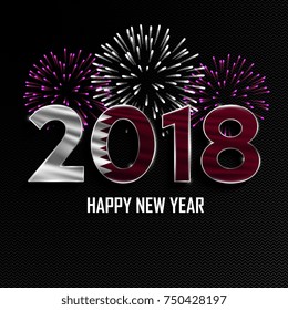 Happy New Year and Merry Christmas. 2018 New Year background with national flag of Qatar and fireworks. Vector illustration.