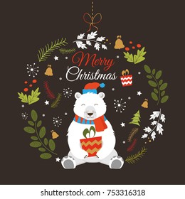 Happy New Year and Merry Christmas vector card with funny Santa Claus Bear.
