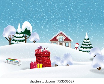 Happy New Year and Merry Christmas. Christmas winter landscape. Vector illustration.