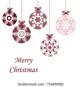 Happy New Year and Merry Christmas card in cute and retro style. Openwork snowballs and greeting text for good mood. Vector illustration in eps 10.