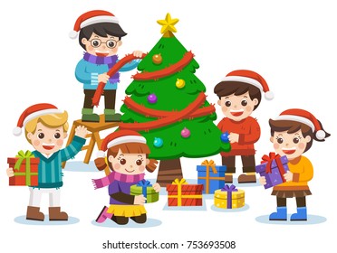 Happy new year and merry Christmas with Adorable Kids decorating a Christmas tree.Winter holidays. Happy Friend Together.  