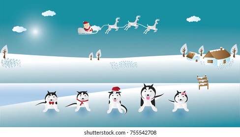 Happy new year and merry Christmas with Siberian Husky and Santa Claus vector illustration. paper art concept.