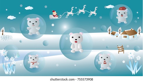 Happy new year and merry Christmas with Little Polar bear in bubble and Santa Claus vector illustration. paper art concept.