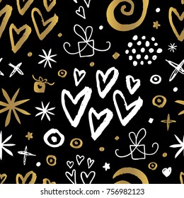 Happy New Year Merry Christmas seamless patterns sketch styles Trendy doodles style gift Hearts snowflakes Golden White Black Hand Drawn set vector illustration